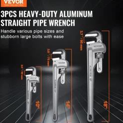 VEVOR 3-Piece Pipe Wrench Set, 10" 14" 18" Aluminum Straight Pipe Wrench, Adjustable Plumbing Wrench, with High Strength Jaw and Ergonomic Handle, Hangable Design, for Water Pipes, Automotive Repairs