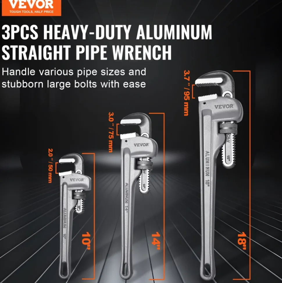 VEVOR 3-Piece Pipe Wrench Set, 10" 14" 18" Aluminum Straight Pipe Wrench, Adjustable Plumbing Wrench, with High Strength Jaw and Ergonomic Handle, Hangable Design, for Water Pipes, Automotive Repairs