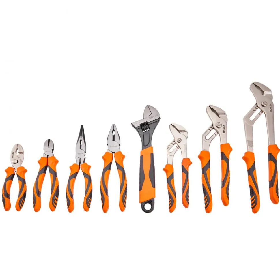 VEVOR 8-Piece Pliers Set, High Carbon Steel, 12"/10"/8" Groove Joint Pliers, 8" Linesman's Pliers, 6" Slip Joint Pliers, 8" Long Nose Pliers, 6" Diagonal Cutter, 10" Adjustable Wrench, and Tool Bag