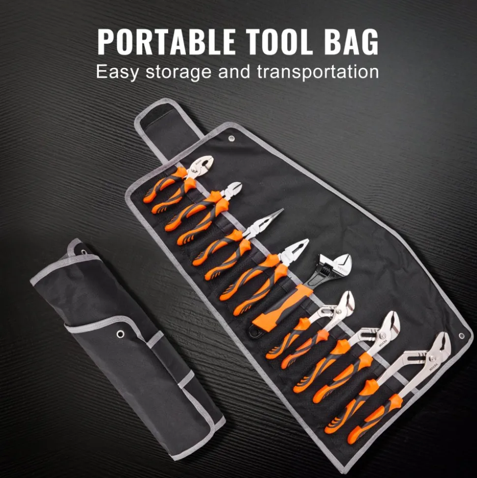 VEVOR 8-Piece Pliers Set, High Carbon Steel, 12"/10"/8" Groove Joint Pliers, 8" Linesman's Pliers, 6" Slip Joint Pliers, 8" Long Nose Pliers, 6" Diagonal Cutter, 10" Adjustable Wrench, and Tool Bag