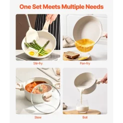 VEVOR 17 Piece Pots and Pans Set, Granite Nonstick Cookware Set, Induction Cookwares, Kitchen RV Cooking Sets with Frying, Sauce, Saute, Tempered Glass Lids, and Pan Protectors, White