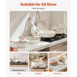 VEVOR 17 Piece Pots and Pans Set, Granite Nonstick Cookware Set, Induction Cookwares, Kitchen RV Cooking Sets with Frying, Sauce, Saute, Tempered Glass Lids, and Pan Protectors, White