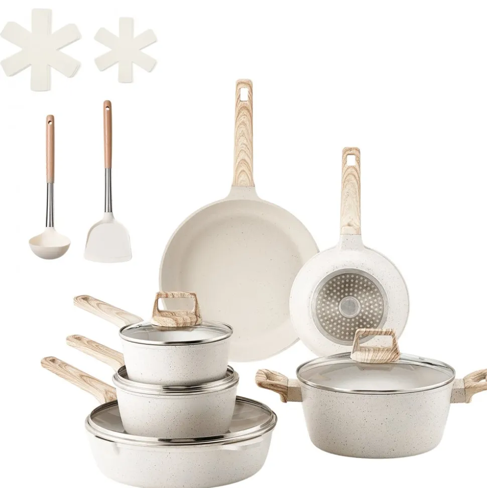 VEVOR 17 Piece Pots and Pans Set, Granite Nonstick Cookware Set, Induction Cookwares, Kitchen RV Cooking Sets with Frying, Sauce, Saute, Tempered Glass Lids, and Pan Protectors, White
