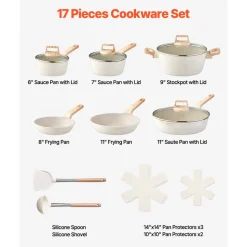 VEVOR 17 Piece Pots and Pans Set, Granite Nonstick Cookware Set, Induction Cookwares, Kitchen RV Cooking Sets with Frying, Sauce, Saute, Tempered Glass Lids, and Pan Protectors, White