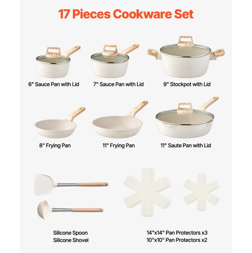 VEVOR 17 Piece Pots and Pans Set, Granite Nonstick Cookware Set, Induction Cookwares, Kitchen RV Cooking Sets with Frying, Sauce, Saute, Tempered Glass Lids, and Pan Protectors, White