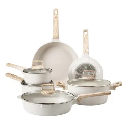 VEVOR 17 Piece Pots and Pans Set, Granite Nonstick Cookware Set, Induction Cookwares, Kitchen RV Cooking Sets with Frying, Sauce, Saute, Tempered Glass Lids, and Pan Protectors, White