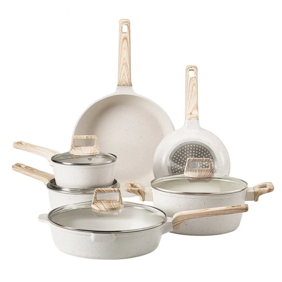 VEVOR 17 Piece Pots and Pans Set, Granite Nonstick Cookware Set, Induction Cookwares, Kitchen RV Cooking Sets with Frying, Sauce, Saute, Tempered Glass Lids, and Pan Protectors, White
