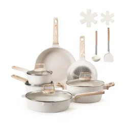 VEVOR 17 Piece Pots and Pans Set, Granite Nonstick Cookware Set, Induction Cookwares, Kitchen RV Cooking Sets with Frying, Sauce, Saute, Tempered Glass Lids, and Pan Protectors, White