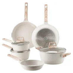 VEVOR 17 Piece Pots and Pans Set, Granite Nonstick Cookware Set, Induction Cookwares, Kitchen RV Cooking Sets with Frying, Sauce, Saute, Tempered Glass Lids, and Pan Protectors, White