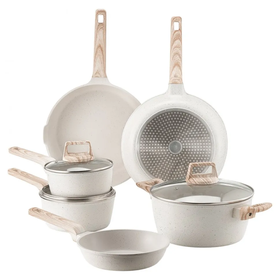 VEVOR 17 Piece Pots and Pans Set, Granite Nonstick Cookware Set, Induction Cookwares, Kitchen RV Cooking Sets with Frying, Sauce, Saute, Tempered Glass Lids, and Pan Protectors, White
