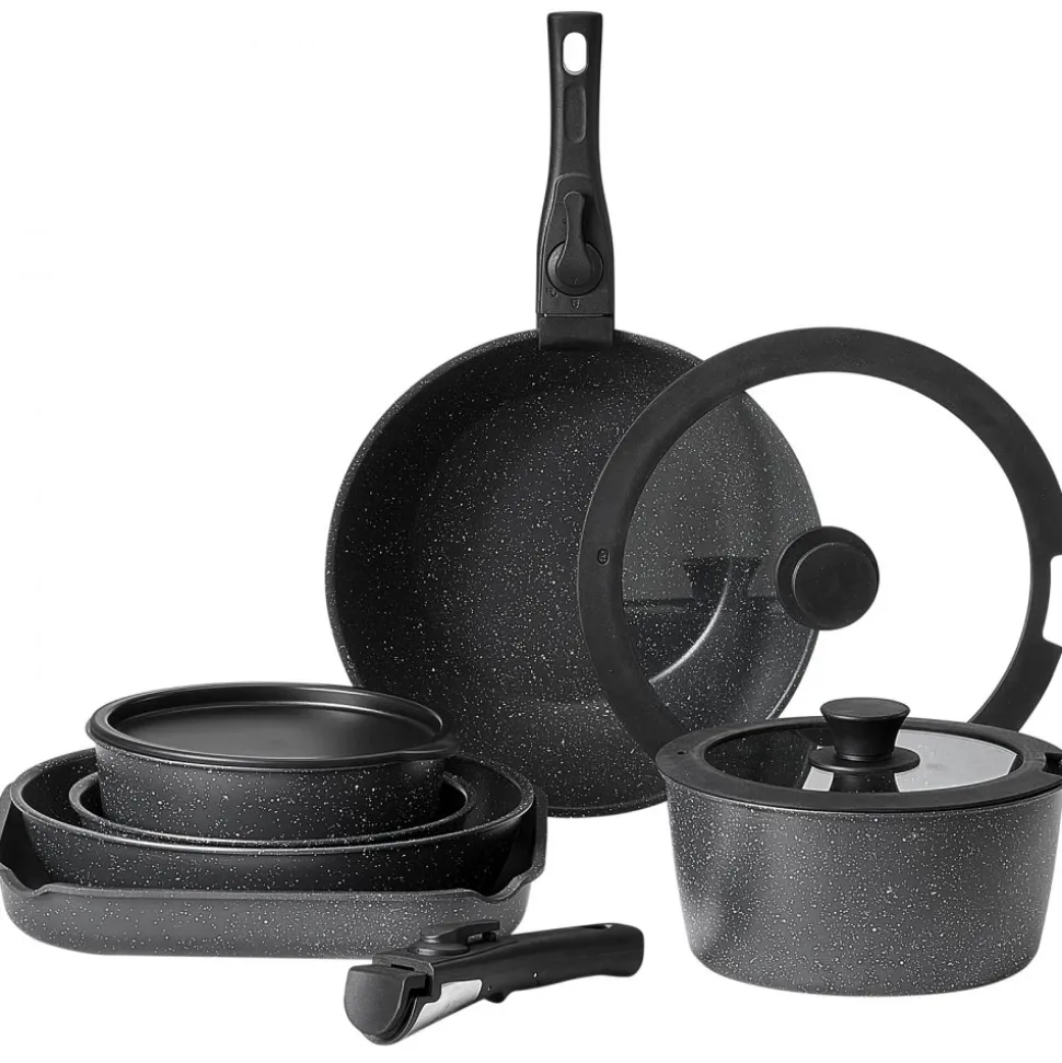 VEVOR 17 Piece Pots and Pans Set, Granite Nonstick Detachable Handle Cookware, Space Saving Induction Cookwares, Kitchen RV Cooking Sets with Frying, Sauce, Saute, Tempered Glass Lid, Oven Safe, Black