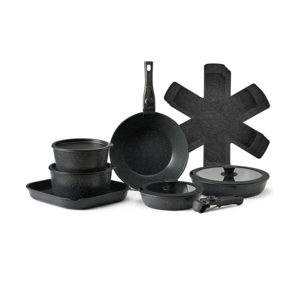 VEVOR 17 Piece Pots and Pans Set, Granite Nonstick Detachable Handle Cookware, Space Saving Induction Cookwares, Kitchen RV Cooking Sets with Frying, Sauce, Saute, Tempered Glass Lid, Oven Safe, Black