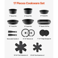VEVOR 17 Piece Pots and Pans Set, Granite Nonstick Detachable Handle Cookware, Space Saving Induction Cookwares, Kitchen RV Cooking Sets with Frying, Sauce, Saute, Tempered Glass Lid, Oven Safe, Black