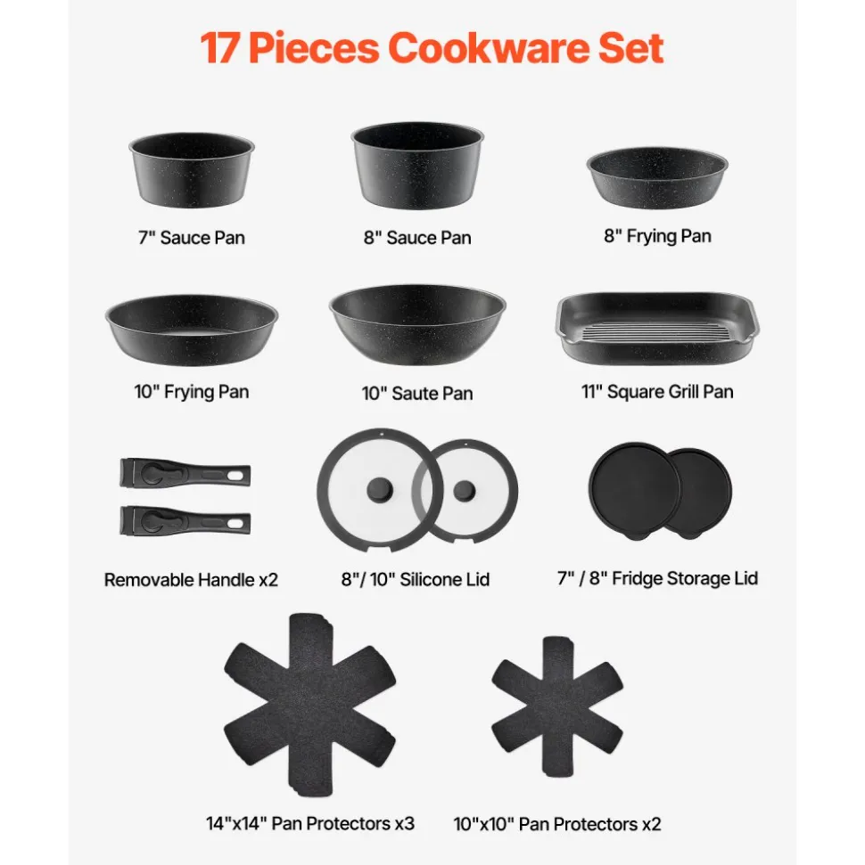 VEVOR 17 Piece Pots and Pans Set, Granite Nonstick Detachable Handle Cookware, Space Saving Induction Cookwares, Kitchen RV Cooking Sets with Frying, Sauce, Saute, Tempered Glass Lid, Oven Safe, Black