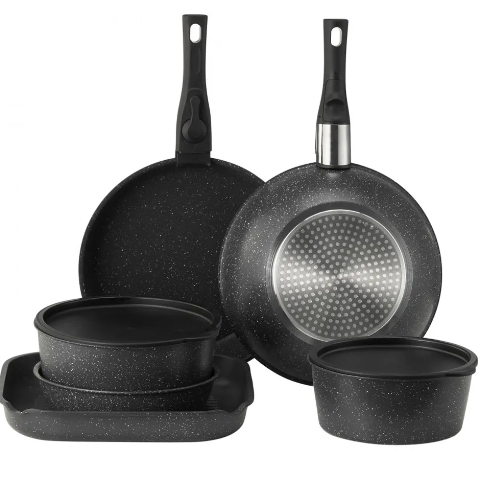 VEVOR 17 Piece Pots and Pans Set, Granite Nonstick Detachable Handle Cookware, Space Saving Induction Cookwares, Kitchen RV Cooking Sets with Frying, Sauce, Saute, Tempered Glass Lid, Oven Safe, Black