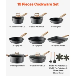 VEVOR 19 Piece Pots and Pans Set, Granite Nonstick Cookware Set, Induction Cookwares, Kitchen RV Cooking Sets with Frying, Sauce, Saute, Tempered Glass Lids, and Pan Protectors, Black