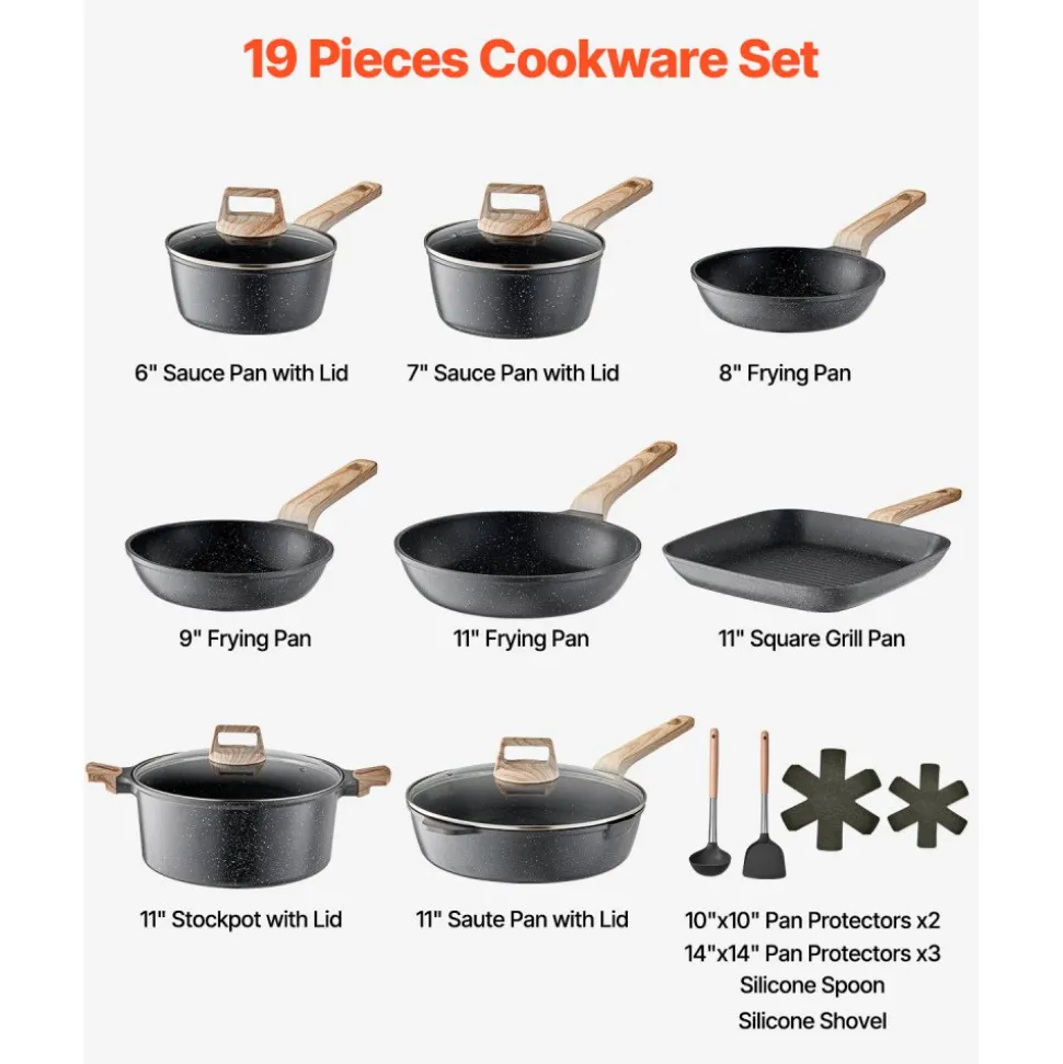 VEVOR 19 Piece Pots and Pans Set, Granite Nonstick Cookware Set, Induction Cookwares, Kitchen RV Cooking Sets with Frying, Sauce, Saute, Tempered Glass Lids, and Pan Protectors, Black