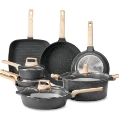 VEVOR 19 Piece Pots and Pans Set, Granite Nonstick Cookware Set, Induction Cookwares, Kitchen RV Cooking Sets with Frying, Sauce, Saute, Tempered Glass Lids, and Pan Protectors, Black