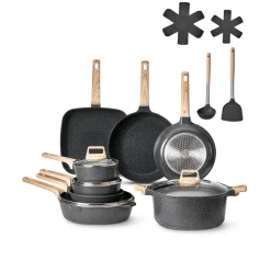 VEVOR 19 Piece Pots and Pans Set, Granite Nonstick Cookware Set, Induction Cookwares, Kitchen RV Cooking Sets with Frying, Sauce, Saute, Tempered Glass Lids, and Pan Protectors, Black