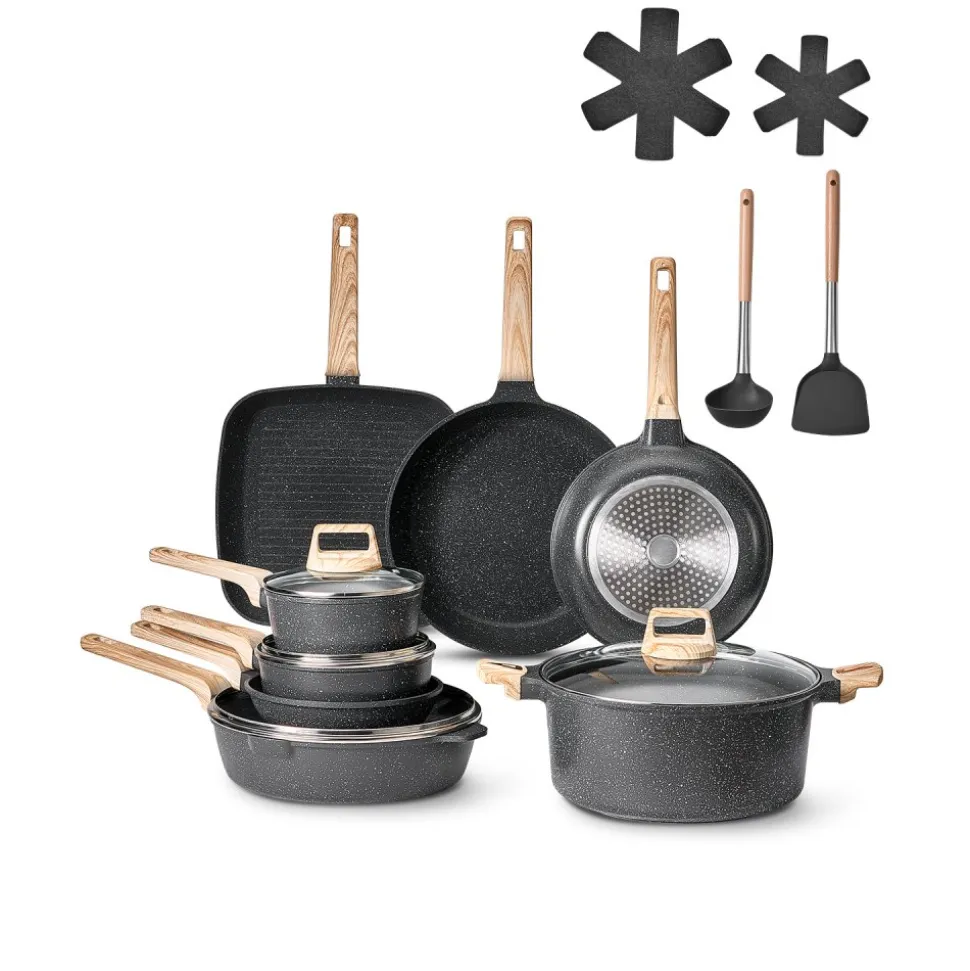 VEVOR 19 Piece Pots and Pans Set, Granite Nonstick Cookware Set, Induction Cookwares, Kitchen RV Cooking Sets with Frying, Sauce, Saute, Tempered Glass Lids, and Pan Protectors, Black