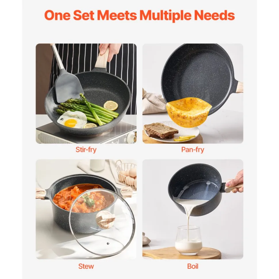 VEVOR 19 Piece Pots and Pans Set, Granite Nonstick Cookware Set, Induction Cookwares, Kitchen RV Cooking Sets with Frying, Sauce, Saute, Tempered Glass Lids, and Pan Protectors, Black