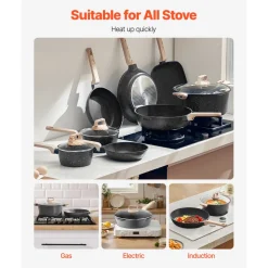 VEVOR 19 Piece Pots and Pans Set, Granite Nonstick Cookware Set, Induction Cookwares, Kitchen RV Cooking Sets with Frying, Sauce, Saute, Tempered Glass Lids, and Pan Protectors, Black