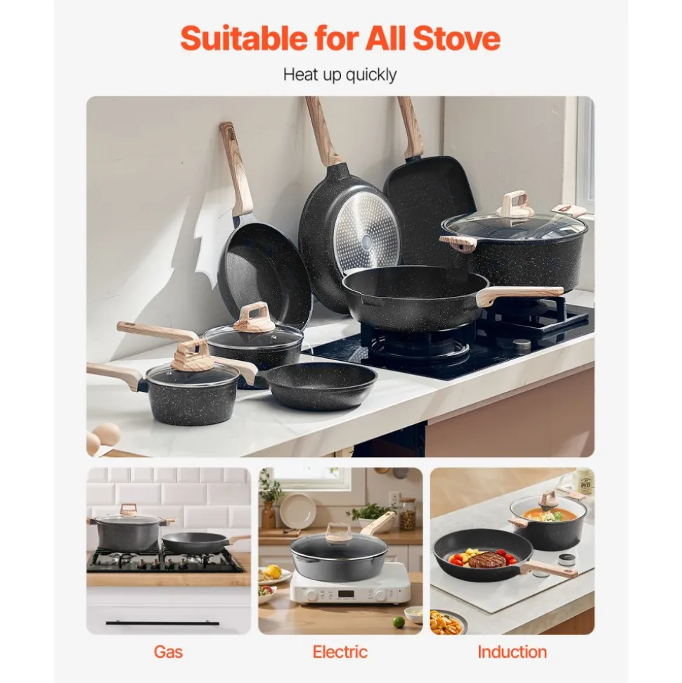 VEVOR 19 Piece Pots and Pans Set, Granite Nonstick Cookware Set, Induction Cookwares, Kitchen RV Cooking Sets with Frying, Sauce, Saute, Tempered Glass Lids, and Pan Protectors, Black