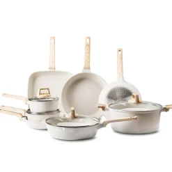 VEVOR 19 Piece Pots and Pans Set Nonstick, Granite Cookware Set, Induction Cookwares, Kitchen RV Cooking Sets with Frying, Sauce, Saute, Tempered Glass Lids, and Pan Protectors, White