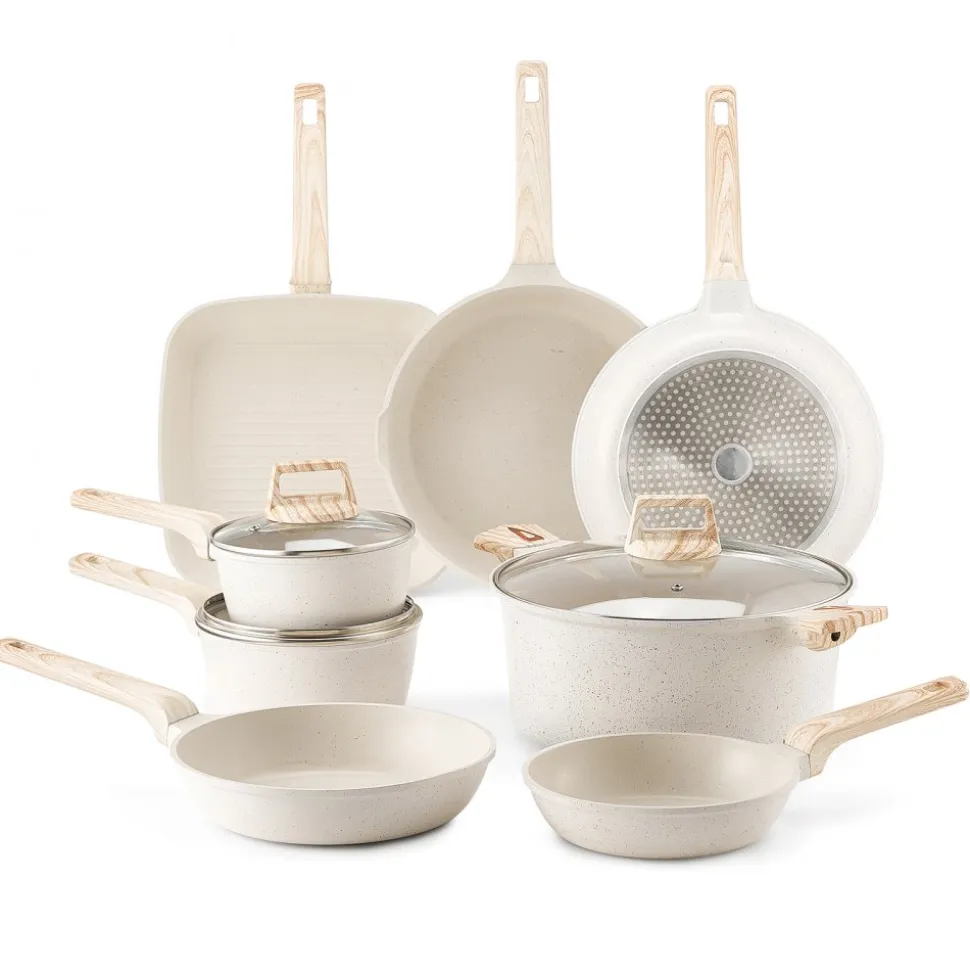 VEVOR 19 Piece Pots and Pans Set Nonstick, Granite Cookware Set, Induction Cookwares, Kitchen RV Cooking Sets with Frying, Sauce, Saute, Tempered Glass Lids, and Pan Protectors, White