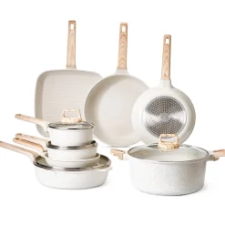 VEVOR 19 Piece Pots and Pans Set Nonstick, Granite Cookware Set, Induction Cookwares, Kitchen RV Cooking Sets with Frying, Sauce, Saute, Tempered Glass Lids, and Pan Protectors, White
