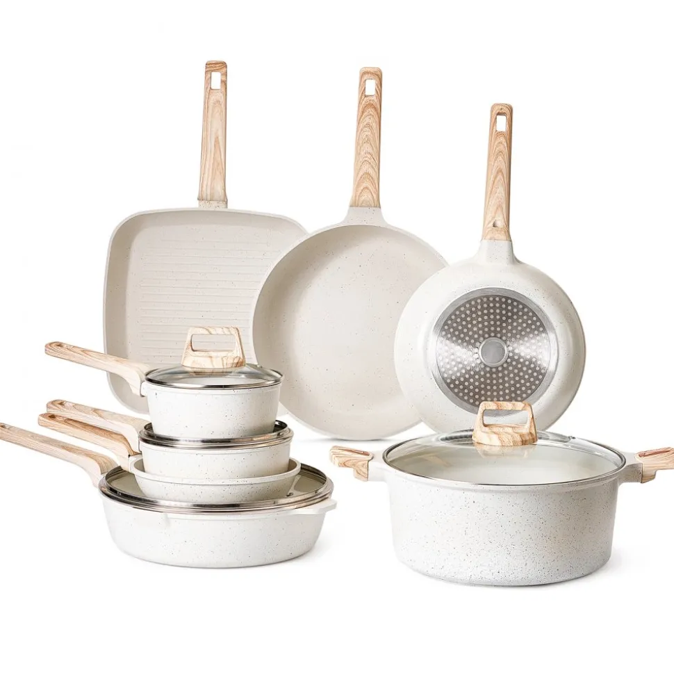 VEVOR 19 Piece Pots and Pans Set Nonstick, Granite Cookware Set, Induction Cookwares, Kitchen RV Cooking Sets with Frying, Sauce, Saute, Tempered Glass Lids, and Pan Protectors, White