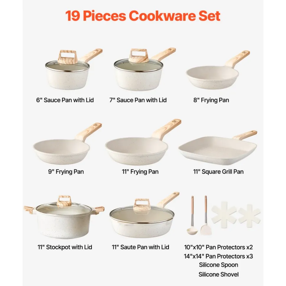 VEVOR 19 Piece Pots and Pans Set Nonstick, Granite Cookware Set, Induction Cookwares, Kitchen RV Cooking Sets with Frying, Sauce, Saute, Tempered Glass Lids, and Pan Protectors, White