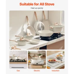VEVOR 19 Piece Pots and Pans Set Nonstick, Granite Cookware Set, Induction Cookwares, Kitchen RV Cooking Sets with Frying, Sauce, Saute, Tempered Glass Lids, and Pan Protectors, White