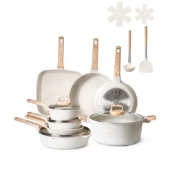 VEVOR 19 Piece Pots and Pans Set Nonstick, Granite Cookware Set, Induction Cookwares, Kitchen RV Cooking Sets with Frying, Sauce, Saute, Tempered Glass Lids, and Pan Protectors, White