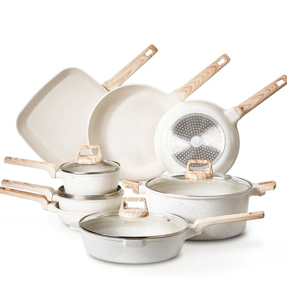 VEVOR 19 Piece Pots and Pans Set Nonstick, Granite Cookware Set, Induction Cookwares, Kitchen RV Cooking Sets with Frying, Sauce, Saute, Tempered Glass Lids, and Pan Protectors, White
