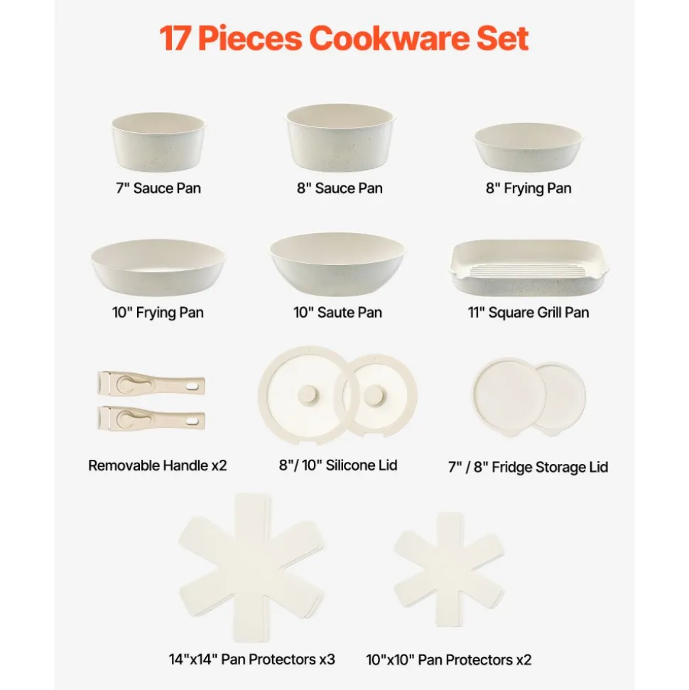VEVOR 17 Piece Pots and Pans Set Nonstick, Detachable Handle Cookware, Space Saving Induction cookware set, Kitchen RV Cooking Sets, with Frying, Sauce, Saute, Tempered Glass Lids, Oven Safe, White