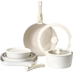 VEVOR 17 Piece Pots and Pans Set Nonstick, Detachable Handle Cookware, Space Saving Induction cookware set, Kitchen RV Cooking Sets, with Frying, Sauce, Saute, Tempered Glass Lids, Oven Safe, White