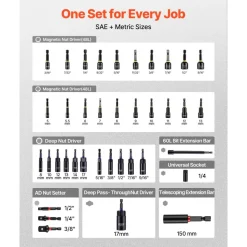 VEVOR 80-Piece Premium Magnetic Impact Nut Driver Set, Metric & SAE Sizes, with Socket Adapters, Bit Holder, Wing Nut Driver, Universal Sockets, Quick Release Extension, Power Bits, Storage Box