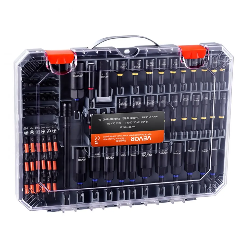 VEVOR 80-Piece Premium Magnetic Impact Nut Driver Set, Metric & SAE Sizes, with Socket Adapters, Bit Holder, Wing Nut Driver, Universal Sockets, Quick Release Extension, Power Bits, Storage Box