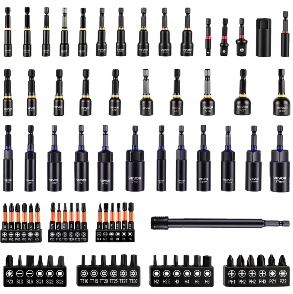 VEVOR 80-Piece Premium Magnetic Impact Nut Driver Set, Metric & SAE Sizes, with Socket Adapters, Bit Holder, Wing Nut Driver, Universal Sockets, Quick Release Extension, Power Bits, Storage Box