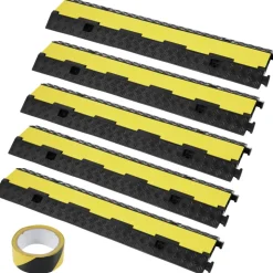 VEVOR 5-Piece Rubber Cable Guard, Dual Channel, 12000 lbs per Axle Load Capacity, Durable Hose & Wire Protection Ramp for Driveways, with Easy Access Top & 50 ft Caution Tape for Both Indoor & Outd