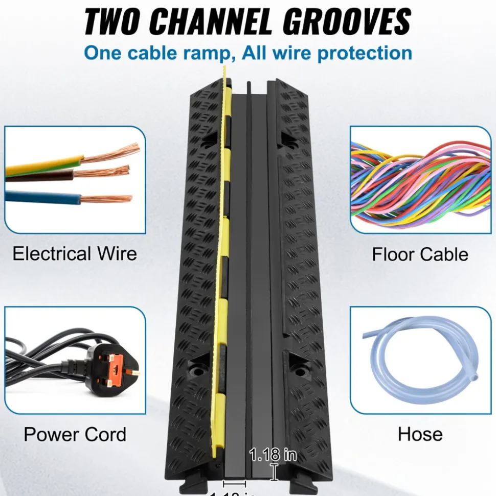 VEVOR 5-Piece Rubber Cable Guard, Dual Channel, 12000 lbs per Axle Load Capacity, Durable Hose & Wire Protection Ramp for Driveways, with Easy Access Top & 50 ft Caution Tape for Both Indoor & Outd