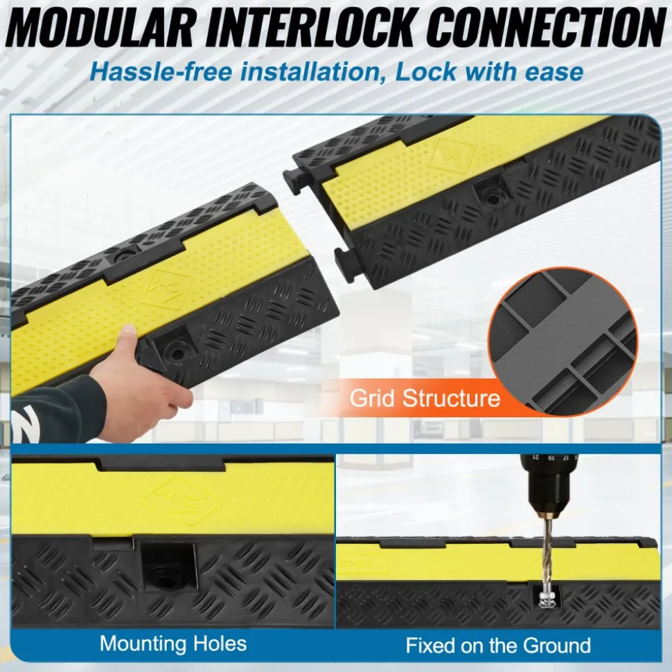 VEVOR 5-Piece Rubber Cable Guard, Dual Channel, 12000 lbs per Axle Load Capacity, Durable Hose & Wire Protection Ramp for Driveways, with Easy Access Top & 50 ft Caution Tape for Both Indoor & Outd