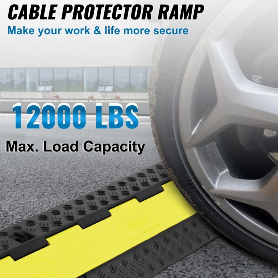VEVOR 5-Piece Rubber Cable Guard, Dual Channel, 12000 lbs per Axle Load Capacity, Durable Hose & Wire Protection Ramp for Driveways, with Easy Access Top & 50 ft Caution Tape for Both Indoor & Outd