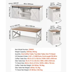 VEVOR 4 Pieces Farmhouse Coffee Table Sets, 40 in Coffee Table with 2 End Tables and 66 in TV Stand, Easy Assembly Living Room Tables Sets with Charging Station, for Office, Living Room & Apartment