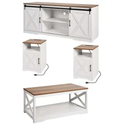 VEVOR 4 Pieces Farmhouse Coffee Table Sets, 40 in Coffee Table with 2 End Tables and 66 in TV Stand, Easy Assembly Living Room Tables Sets with Charging Station, for Office, Living Room & Apartment