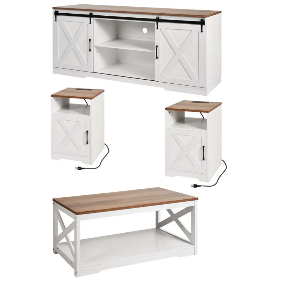 VEVOR 4 Pieces Farmhouse Coffee Table Sets, 40 in Coffee Table with 2 End Tables and 66 in TV Stand, Easy Assembly Living Room Tables Sets with Charging Station, for Office, Living Room & Apartment