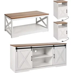 VEVOR 4 Pieces Farmhouse Coffee Table Sets, 40 in Coffee Table with 2 End Tables and 66 in TV Stand, Easy Assembly Living Room Tables Sets with Charging Station, for Office, Living Room & Apartment