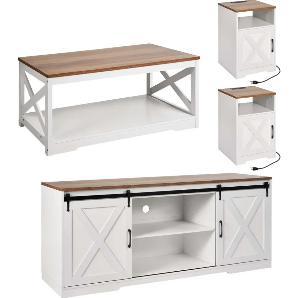 VEVOR 4 Pieces Farmhouse Coffee Table Sets, 40 in Coffee Table with 2 End Tables and 66 in TV Stand, Easy Assembly Living Room Tables Sets with Charging Station, for Office, Living Room & Apartment