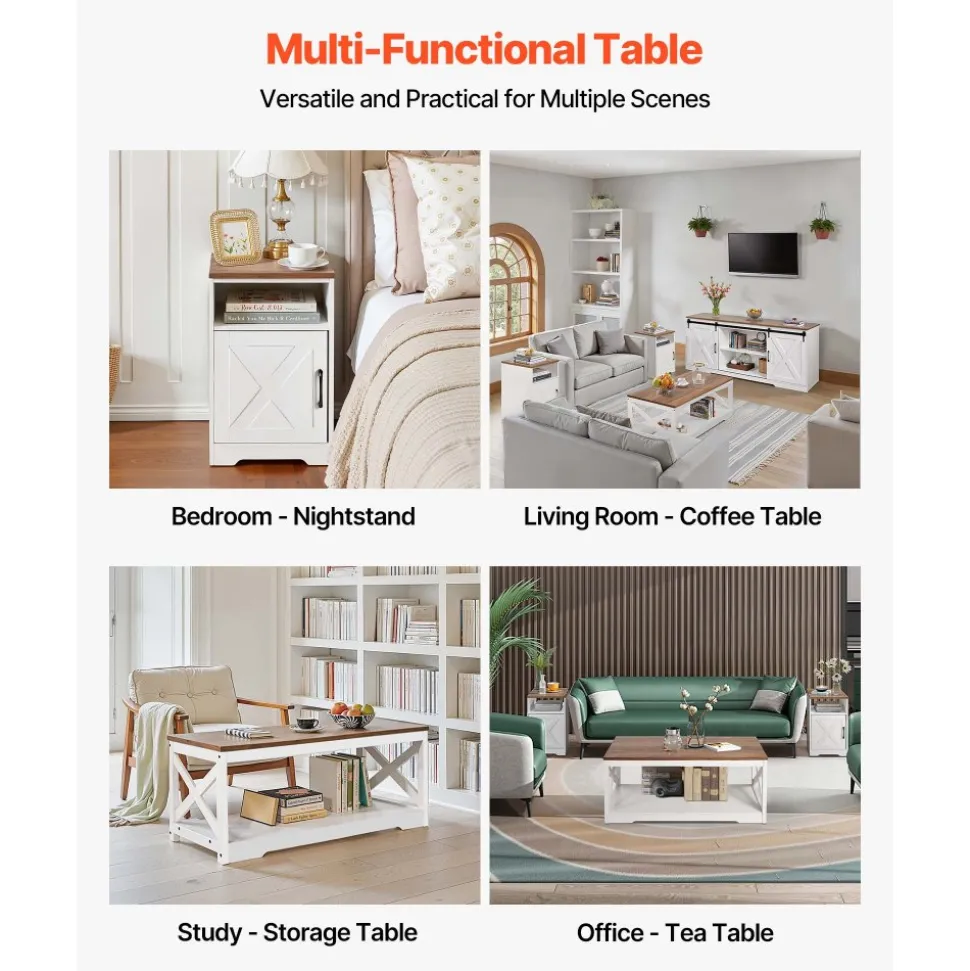 VEVOR 4 Pieces Farmhouse Coffee Table Sets, 40 in Coffee Table with 2 End Tables and 66 in TV Stand, Easy Assembly Living Room Tables Sets with Charging Station, for Office, Living Room & Apartment